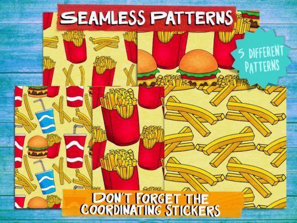 Burgers Fries Seamless Patterns Yellow