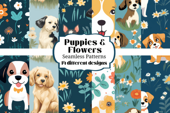 Cute Dogs Flowers Seamless Patterns