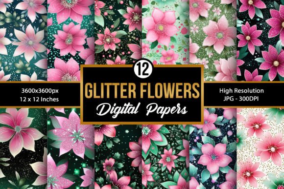 Pink Green Glittery Flowers Patterns