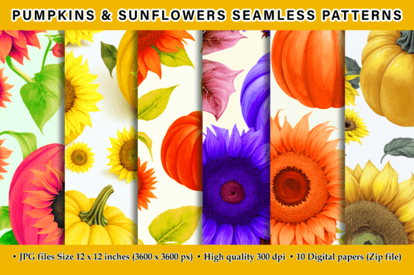 Pumpkins Sunflowers Seamless Patterns