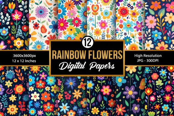 Rainbow Flowers Digital Paper Patterns