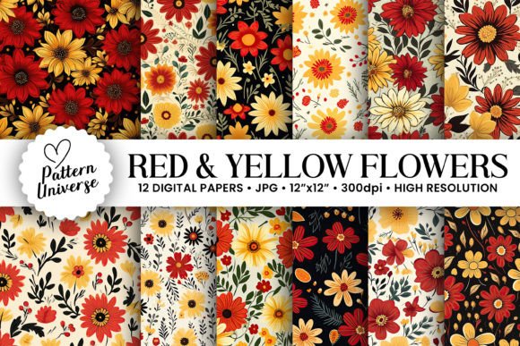 Red and Yellow Flowers Seamless Patterns for Creative Projects