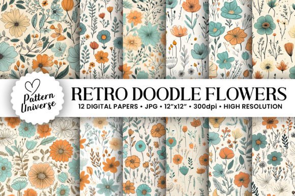 Retro Doodle Flowers Seamless Patterns
